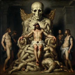 underground!! red jesus christ looking up wearing blindfold!!!!! sitting on a huge!!!! throne of entwined bodies,'massive mummified head looming '!!!! elegant, ominous, highly detailed painting by goya!!! phil hale!! gaston bussiere, craig mullins, michelangelo, 8 k,