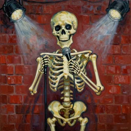 portrait of a funny skeleton doing stand up comedy show with microphone, red brick background, spotlight, smoky atmosphere, oil painting, van gogh style, visible brush