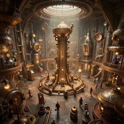 Interior of a Steampunk amusement park Greg Rutkowski, ArtStation, CGSociety, ultra realistic, zenith view, ray tracing, 3d render, HDR, Unreal Engine