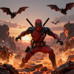 Marvel Comics Dead Pool Battles Venom In A Volcanic Lava Pit, bats, sunset, volumetric lighting, hyperrealistic, beautiful details, HDR, octane render, action shot, wide angle, bokeh, Yasushi Niarasawa Moebius Jim Steranko Style
