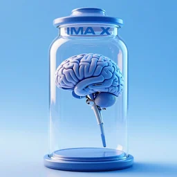 Cinematic Imax depiction of a brain in jar cyborg, blue color palette with brightened hues