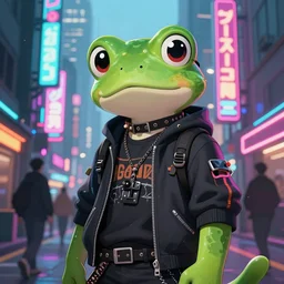 beautiful furry digital art portrait commission of an androgynous furry anthro frog fursona wearing punk clothes in the streets of a cyberpunk city. neon signs. character design by charlie bowater, ross tran, artgerm, and makoto shinkai
