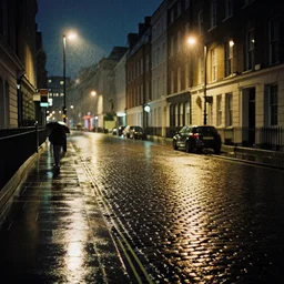 photo, london cobblestone street at night, rain, 5 0 mm f / 1. 4, cinestill 8 0 0,