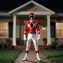cinematic film still from 1994 film: Farkas Bulkmeier from Mighty Morphin Power Rangers standing near a house. XF IQ4, f/1.4, ISO 200, 1/160s, 8K, RAW, dramatic lighting, symmetrical balance, in-frame