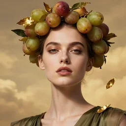 epic close - up portrait of beautiful female face supermodel portrait wearing olive dress and dates fruit crown and golden tea leaves flying in sky by amy leibowitz, wlop, jeremy lipkin, beeple, intricate, artgerm, ilya kuvshinov, golden clouds background