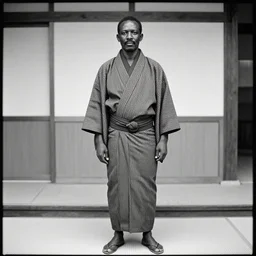analogue photo of an african chief wearing Japanese Kimono, african facial features, full body shot, 35mm, f/1.4, black & white, photographed by Martha Cooper,