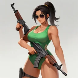 a concept art of a beautiful curvy anime girl with an athletic feminine body in a green tank top and aviator classic sunglasses holding an assault rifle, ponytail, concept art, oc commission, style by junkt, tanned body, power pose, illustration, trending on artstation, award winning digital art