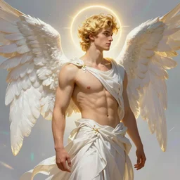 full figure portrait of a beautiful young fit male angel with curly blond hairs, lateral view, dressed with fluent clothes, majestic wings, luminous halo, by greg rutkowski and alphonse mucha, d & d character, gradient white to gold, in front of an iridescent background, highly detailed portrait, digital painting, artstation, concept art, smooth, sharp focus ilustration, artstation hq