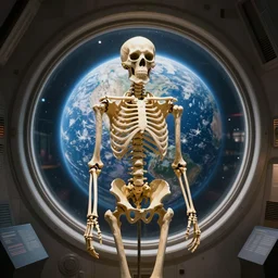 a human skeleton museum exhibit in an alien spaceship with a window showing a dead planet Earth in the background