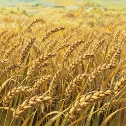 sharp focus, breath taking beautiful, Aesthetically pleasing, gouache field of grain at golden hour, digital concept art background by Hayao Miyazaki and Studio Ghibli, fine art, official media, high definition, illustration, ambient lighting, HDR, HD, UHD, 4K, 8K, cinematic, high quality scan, award winning, trending, featured, masterful, dynamic, energetic, lively, elegant, intricate, complex, highly detailed, Richly textured, Rich vivid Color, masterpiece.