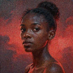 a painting of a girl by Kara Walker. details, smooth, sharp focus, illustration, realistic, cinematic, artstation, award winning, rgb , unreal engine, octane render, cinematic light, macro, depth of field, blur, red light and clouds from the back, highly detailed epic cinematic concept art CG render made in Maya, Blender and Photoshop, octane render, excellent composition, dynamic dramatic cinematic lighting, aesthetic, very inspirational, arthouse.
