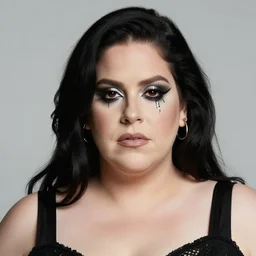 photo of morbidly obese lana del rey wearing black metal face paint and giving the sign of the horns, vogue magazine, highly realistic