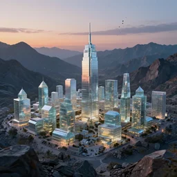 a small town completely made out of glass, surrounded by a surreal mountain landscape, shining faintly in the dim light of sunset, buildings made out of glass, light reflections, rock pebble particles floating up the sky, slow shutter speed, highly detailed and beautiful illustration