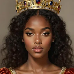 portrait of a stunningly beautiful young black woman wearing a crown, highly detailed, digital painting, artstation, concept art, sharp focus, illustration, art by artgerm and greg rutkowski and alphonse mucha, incredibly beautiful and symmetrical face, incredibly detailed, award winning art, royal