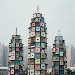 towers made up of makeshift squatter shacks with pastel colours, plain uniform sky at the back, misty, mamiya rb 6 7, ultra sharp, very detailed, photographed by stanley kubrick