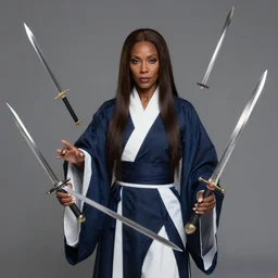 Beautiful 40 years old Illusionist lady, dark brown skin, dark brown hair, straight hair, Dark blue and White robes, multiple floating swords, artstation trending in deviantart, artstationHD, artstationHQ