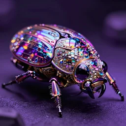 high quality photo glowy iridescent cyborg scarab! jeweled very pretty! highly detailed digital art david ligare hannah yata cinematic purple neon lighting high quality low angle hd 8k sharp shallow depth of field
