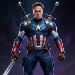 of elon musk as captain america, iridescent, beautiful, technological, galactic, hyper-detailed, mega-detailed, realistic, cinematic, octane render, concept art, dark, cosmic, ominous, dramatic, lovecraftian, symmetric, swords, colorful and dark