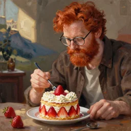 painting of redhead bearded boyfriend with eyeglasses making strawberry shortcake topped with whipped cream