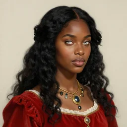 character design, portrait of a attractive brown skinned woman with long black soft curly hair and white eyes, medieval, jewels, red dress, painting by wlop, nixeu and greg rutkowski, beautiful, cgsociety, semirealism, artstation, octane render, sharpness, 8 k, golden ratio
