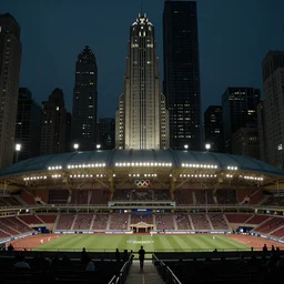 art deco sports stadium on a skyscraper, chicago, city, dark city, olympics event 1930's, moody lighting, cinematic, movie frame, Road to Perdition