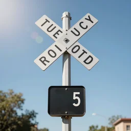 a railroad crossing with a railroad crossing sign, a photo by richard benning, polycount, temporary art, ue 5, anamorphic lens flare, physically based rendering