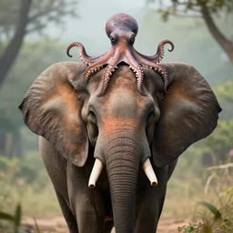 an elephant with octopus growing from its forehead