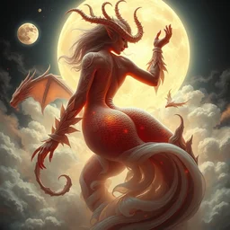 concept art of translucent glowing curvy demon dancing booty, flowy, melting, round moons, rich clouds, very detailed, volumetric light, mist, fine art, textured oil over canvas, dragons, epic fantasy art, very colorful, ornate intricate scales, gold skulls, fractal gems, 8 k, hyper realistic, high contrast, yuji moriguchi