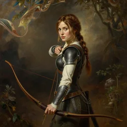 Katniss Everdeen from the Hunger Games, with her bow and arrow, oil painting by William-Adolphe Bouguereau