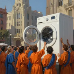 In the style of octavio ocampo, a crowd of people dressed in orange and blue robes, worship the statue of a giant washing machine . In the background we see an art deco city