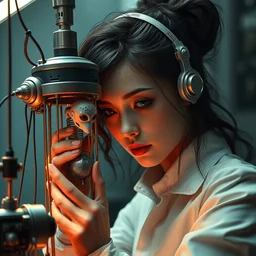hyperrealistic photography of a gorgeous female scientist constructing a puppet - making machine in the style of jin kagetsu, james jean, chris cunningham, hans bellmer and wlop, highly detailed, face symmetry, masterpiece, award - winning, sharp focus, intricate concept art, ambient lighting, 8 k, artstation