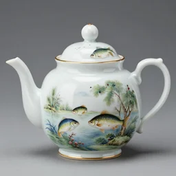beautiful porcelain. teapot with beautiful scene. scene with fish, lowbrow, matte painting, 3 - d highly detailed, in the style of thomas kinkade,