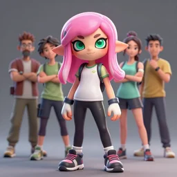 a beautiful fullbody portrait of a cute splatoon anime boy with pink hair and green eyes wearing sports clothing tight leggings. character design by cory loftis, fenghua zhong, ryohei hase, ismail inceoglu and ruan jia. artstation, volumetric light, detailed, photorealistic, fantasy, rendered in octane