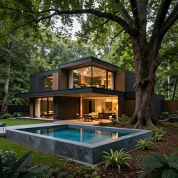 contemporary house in the forest, lights inside, foliage, square pool, textures, detailed, big tree realistic