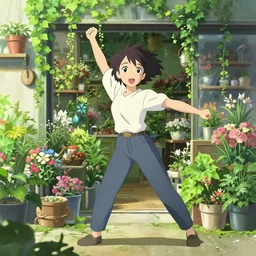 anime visual of a woman in a florist's store interior with lush overgrowth, ivy, foliage, flowers, cute face by ilya kuvshinov, makoto shinkai, kyoani, masakazu katsura, dynamic pose, crisp and sharp, yoshinari yoh, rounded eyes, anime poster, cel shaded