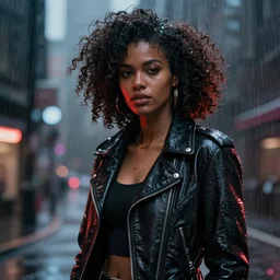 a woman in a leather jacket standing in the rain, cyberpunk art by du qiong, featured on cgsociety, afrofuturism, artstation hd, futuristic, digital painting