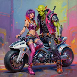 a scifi post apocalyptic orc biker with his girlfriend posing with a scifi hoverbike, psychedelic vibrant colors, futuristic punk rock fashion, oil painting by michael whelan art, sharp focus, realistic, highly detailed, 8 k