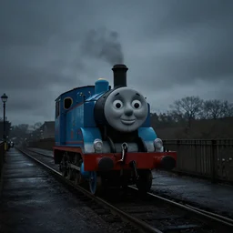 thomas the tank engine walking across a bridge with a cigarette, dark moody silhouette