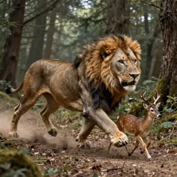 lion chasing a deer in the forest, masterpiece, highly detailed, high quality, 4 k, anatomically correct, hyperrealistic, concept art, octane render, unreal engine 5, trending on artstation, trending on deviantart, matte, historical painting, fantasy style, path traced, high coherence, soft lighting, digital painting, mythical