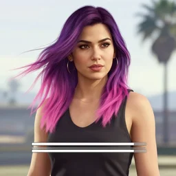 a stunning GTA V loading screen with a beautiful woman with ombre hairstyle in purple and pink blowing in the wind in the city at sunset, outrun, vaporware, neon lights, palm trees, retro, beautiful sky with cumulus couds, digital art, trending on artstation