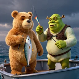 ( life - sized gummi bear ) and ( shrek ) go deep sea fishing in a sportfisherman boat. the bear is fishing for swedish fish candy by using gummi worm candy as bait. photorealistic digital art, epic fantasy, dramatic lighting, cinematic, extremely high detail, cinematic lighting, trending, artstation, cgsociety, 3 d ue 5, 4 k, hq