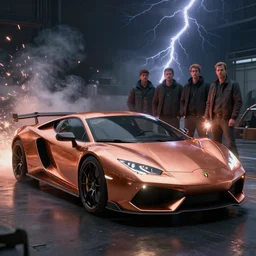 sport automotive with copper paint, unreal engine render. sparks, lightning, cinematic lighting, smokes. john berkey, peder balke, john watkiss, and paul gustav fischer.
