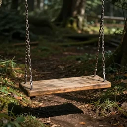 rugged wooden swing held up by chains on the left and right.
