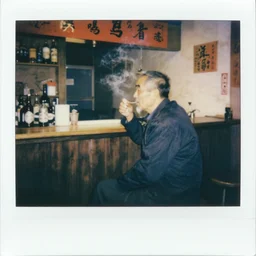 An oldman, smoking, in a bar, Chinese Painting, Polaroid, Wide Angle