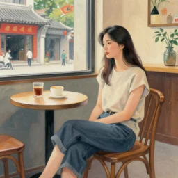 woman sitting in a cafe in China, artwork by guweiz