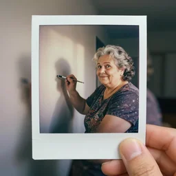 a very beautiful cinematic hyper realistic fashion scene. polaroid photograph. a sweet fat old woman is painting a shadow on the wall. very stylized. 4 k. wide angle. wild movements. 3 d. symmetrical face. clear realistic face. beautiful hands. deep focus, lovely scene. arnold maya render. concept art. unreal engine