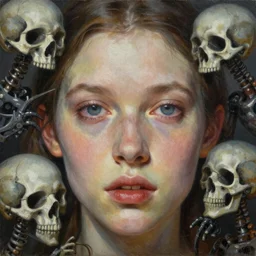 close up face of a extremely beautiful face, portrait, masterpiece, oil on canvas, death and robots, artgerm, norman rockwell, craig mulins, trending on pxiv,