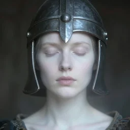 medieval helm!!!!!!!, out of focus!!!!!!! photorealistic portrait of a beautiful pale woman by saul leiter, very blurry!!!!!!, translucent white skin, closed eyes, foggy, pale lips