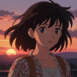 a beautiful anime girl with dark hair, sunset, intricate, highly detailed, digital painting, artstation, official media, anime key visual, concept art, rich vivid colors, ambient lighting, sharp focus, illustration, 1980's anime style, art by Artgerm, Makoto Shinkai, Ilya Kuvshinov, Lois Van Baarle, and Rossdraws