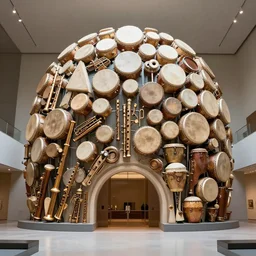 ! dream an entry into an art museum whose architecture is inspired by drum and flute instrument pieces, raytracing ar 1 6 : 9